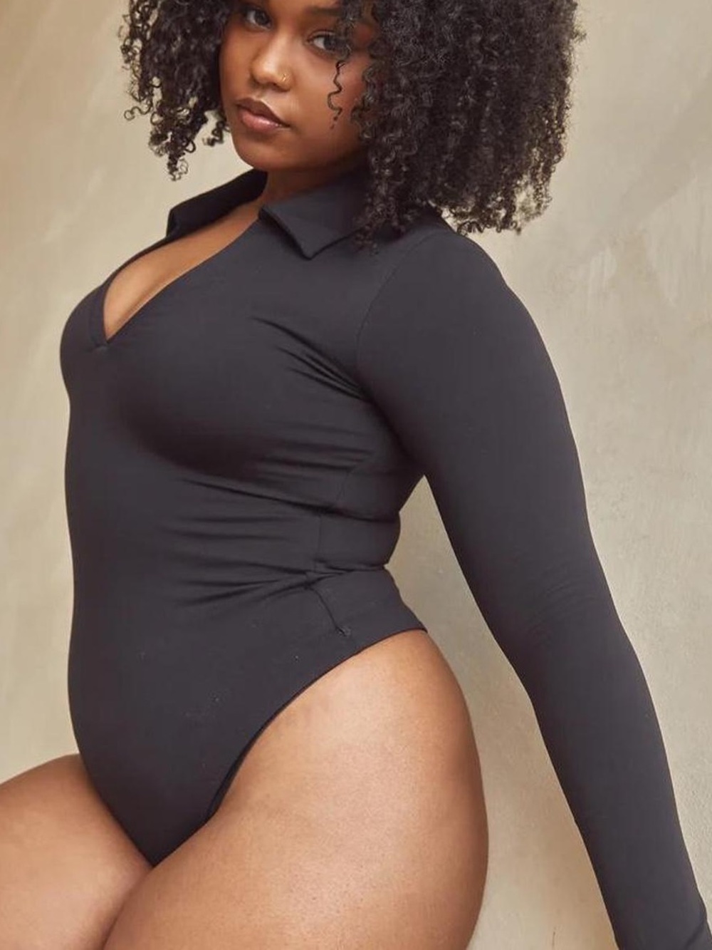 Klassy Network V Neck Polo Long Sleeve Black Bodysuit Woman’s Size Medium